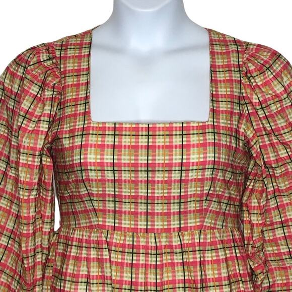 Topshop Check Plaid Smock Mini Dress Size 6 Y2K Babydoll Boho Puff Sleeve Retro - Picture 6 of 16